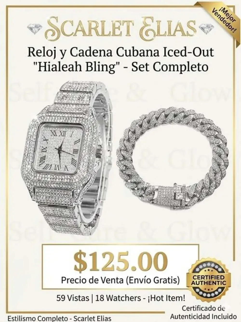 Unisex Men’s Women’s Silver Iced-Out Watch  Bracelet Set